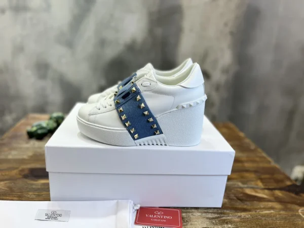 White Platform Wedge Sneakers with Denim Stud Strap image 1