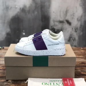 White Leather Sneakers with Purple Stripe and Stud Details image 1