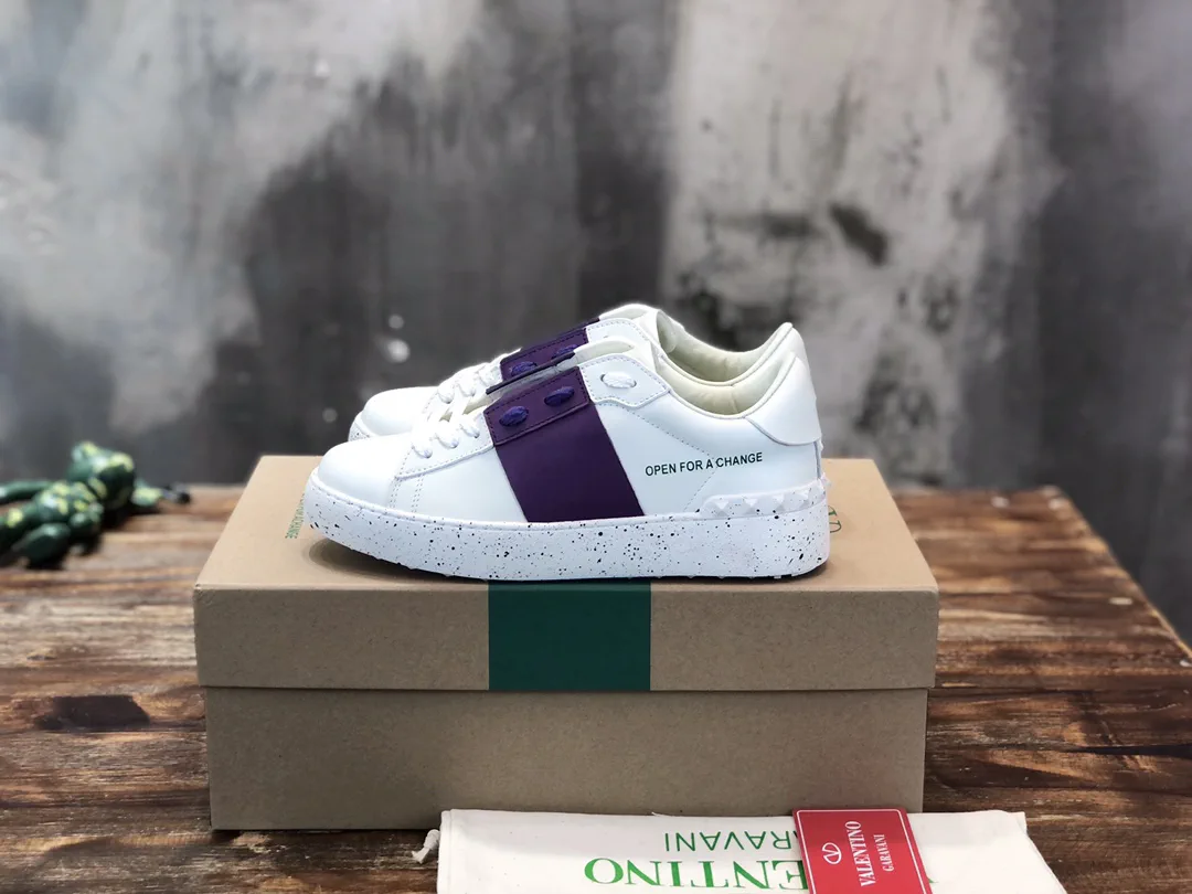 White Leather Sneakers with Purple Stripe and Stud Details image 1