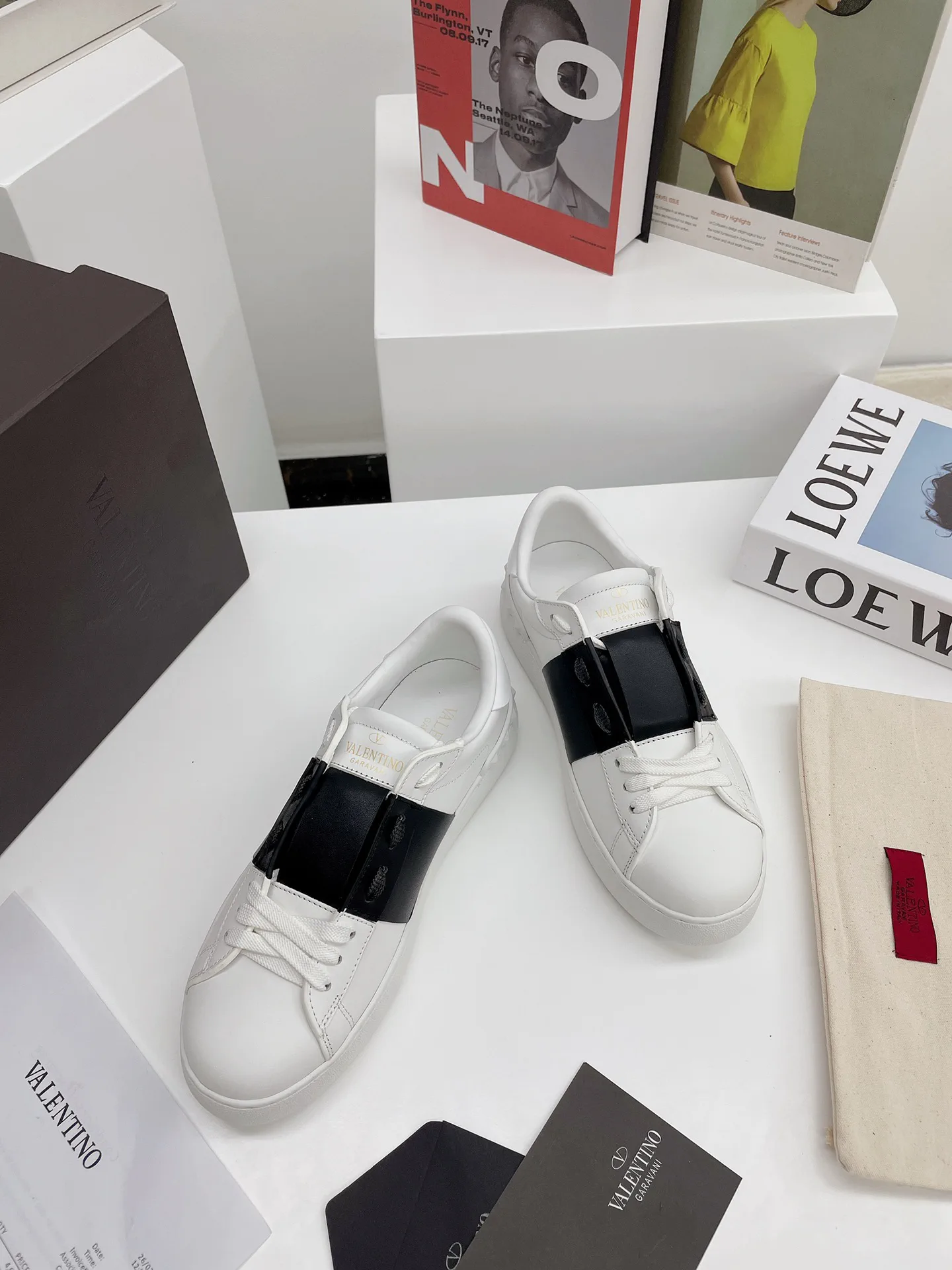 White Leather Low-Top Sneakers with Black Strap image 1