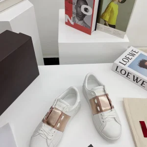 White Low-Top Sneakers with Rose Gold Accent Strap image 1