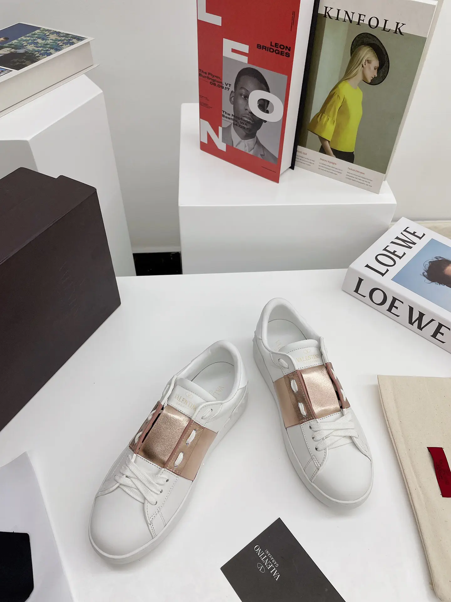 White Low-Top Sneakers with Rose Gold Accent Strap image 1