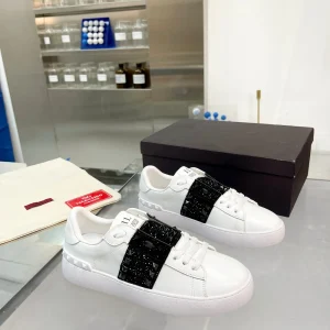 White Leather Sneakers with Black Rhinestone and Stud Details image 1