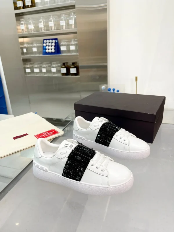 White Leather Sneakers with Black Rhinestone and Stud Details image 1