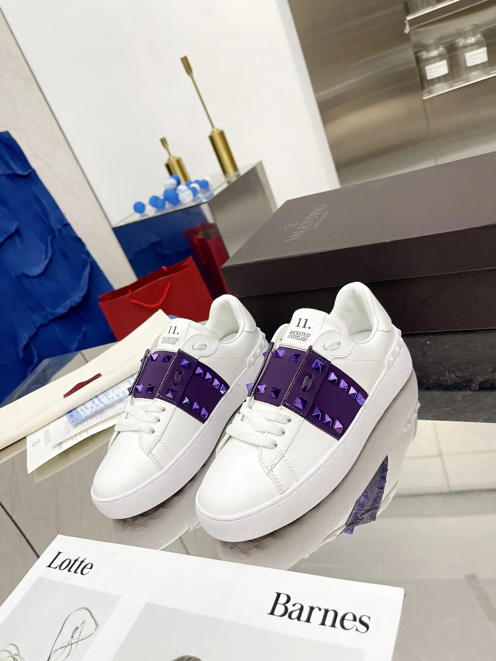 White Leather Sneakers with Purple Studded Strap image 1