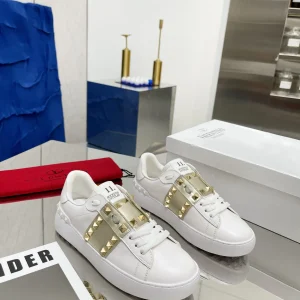 White with Gold Studs Couple Style Casual Sneakers image 1