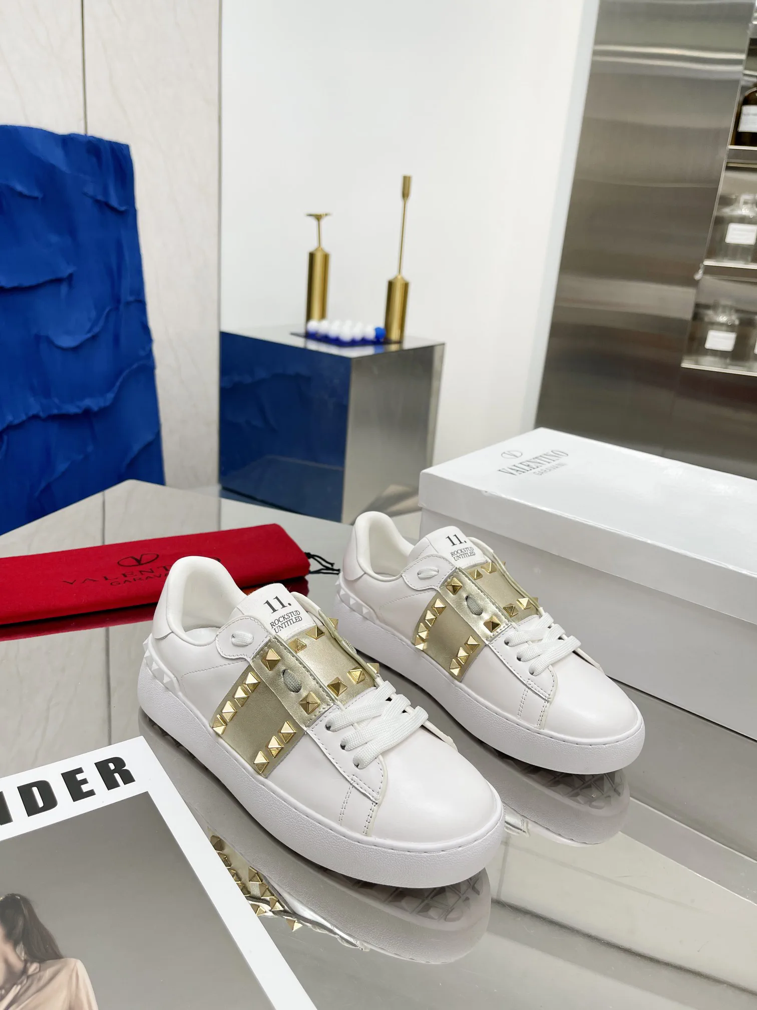 White with Gold Studs Couple Style Casual Sneakers image 1