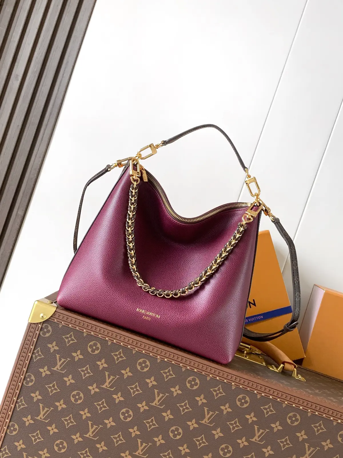 Louis Vuitton Burgundy Leather Hobo Bag with Chain Detail image 1