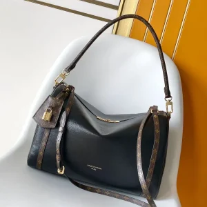 Louis Vuitton Black Leather Shoulder Bag with Monogram Trim image 1