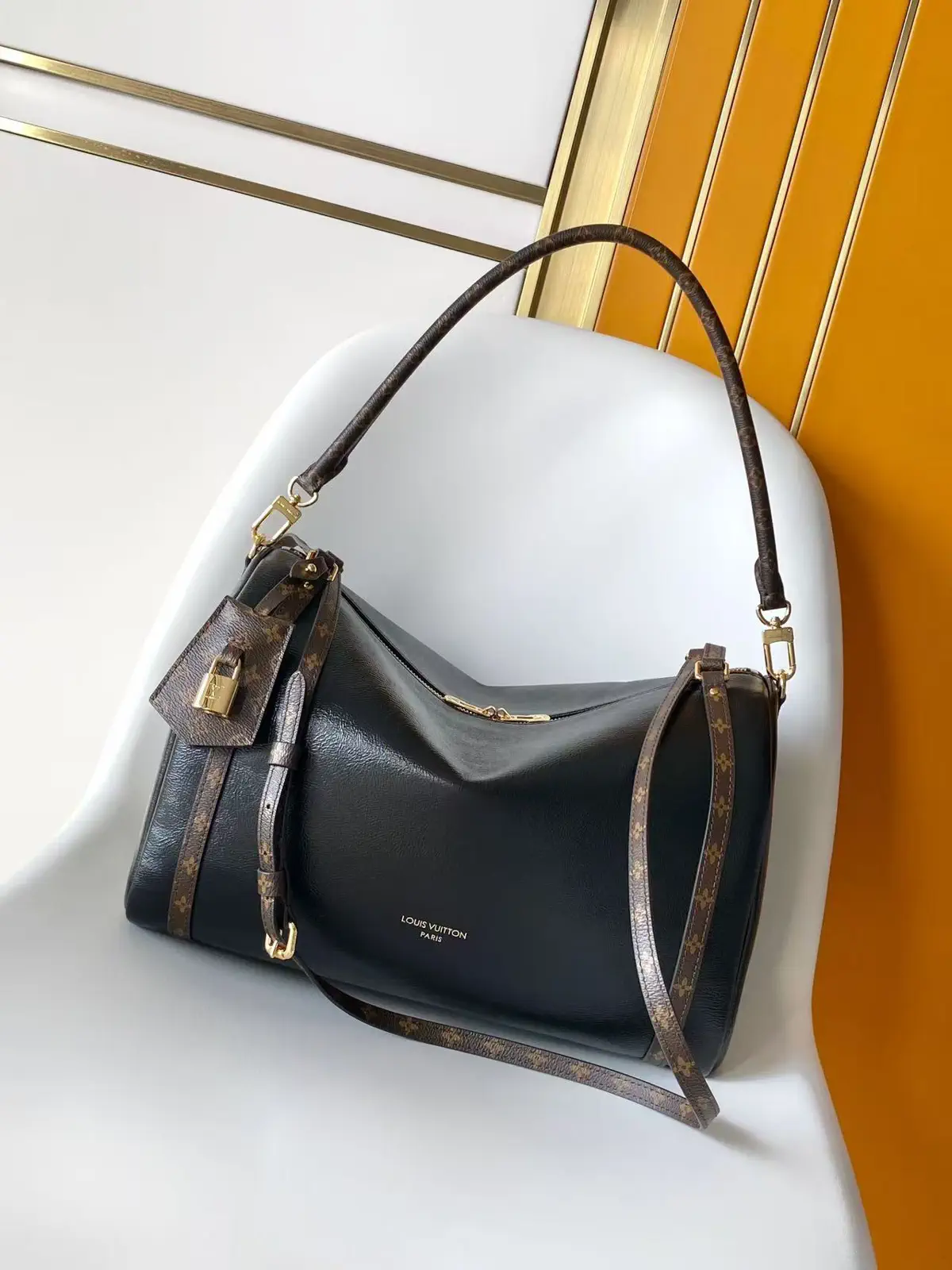 Louis Vuitton Black Leather Shoulder Bag with Monogram Trim image 1