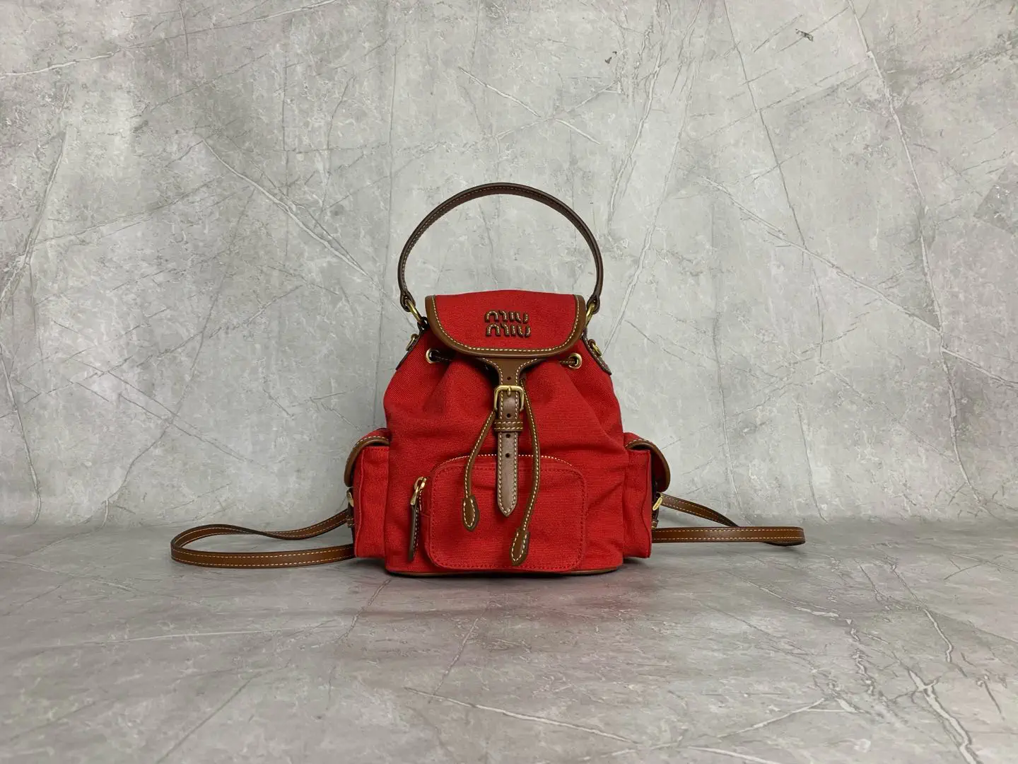 Miu Miu Red Canvas Backpack with Leather Trim image 1