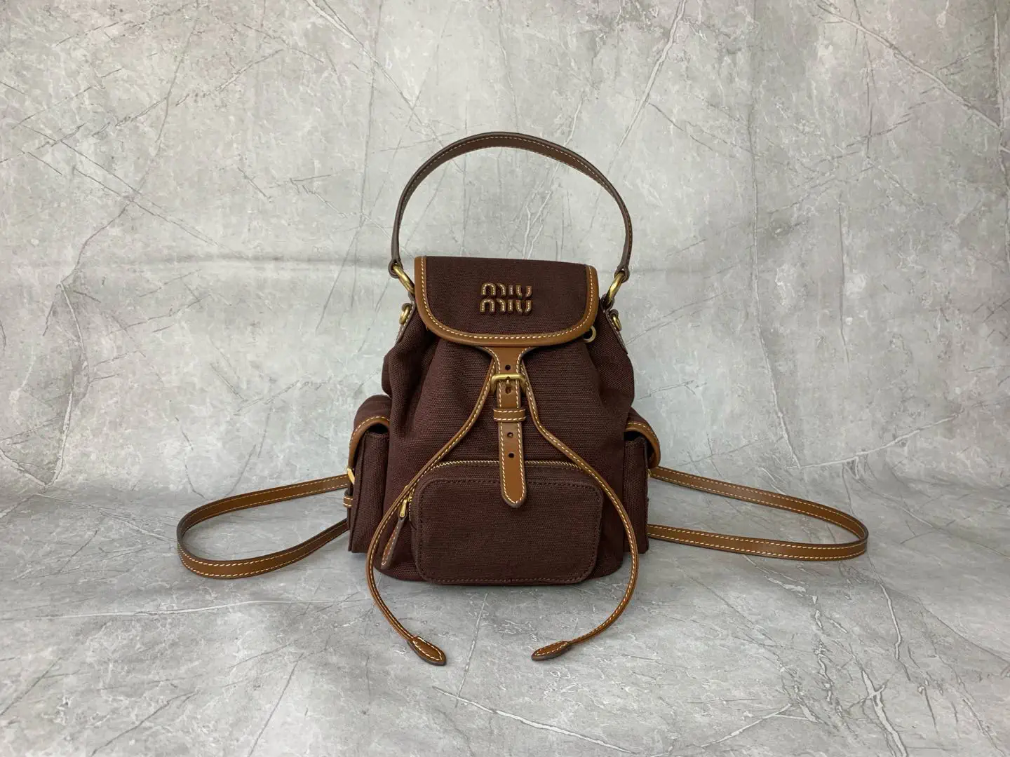 Miu Miu Brown Canvas Backpack with Leather Trim image 1