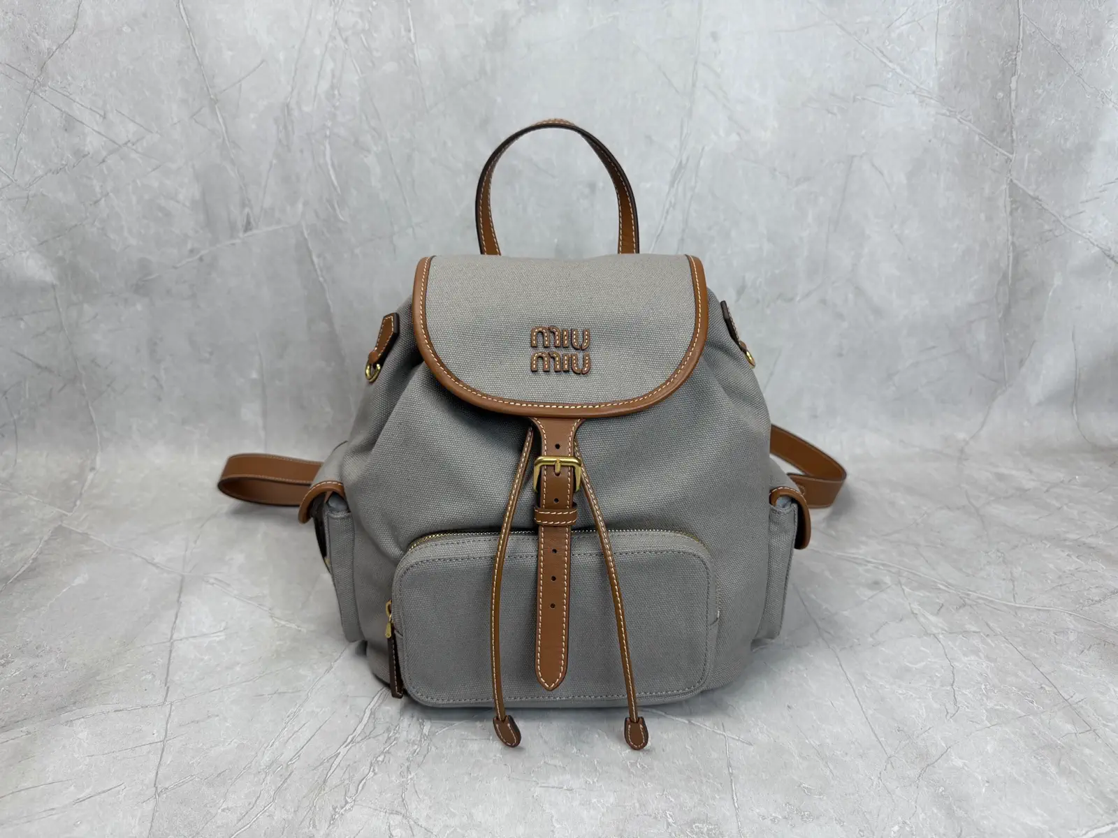 Miu Miu Grey Canvas Backpack with Leather Trim image 1