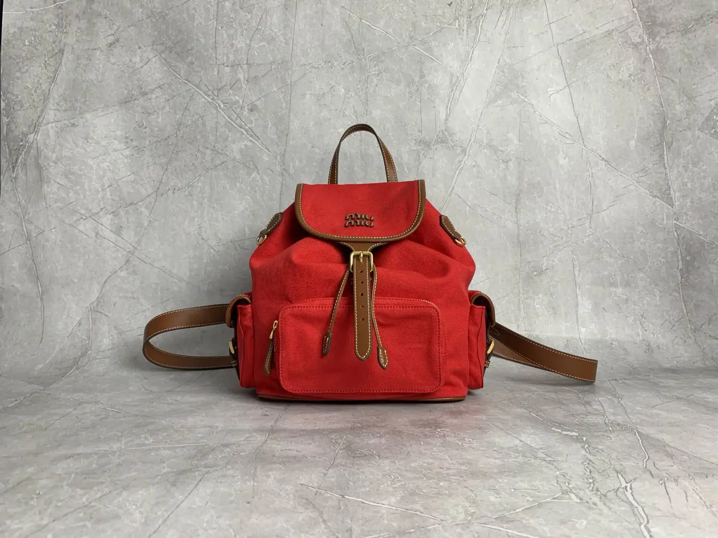 Miu Miu Red Canvas Backpack with Leather Trim image 1
