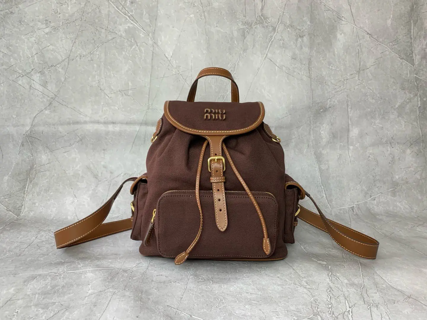 Miu Miu Brown Canvas Backpack with Leather Trim image 1