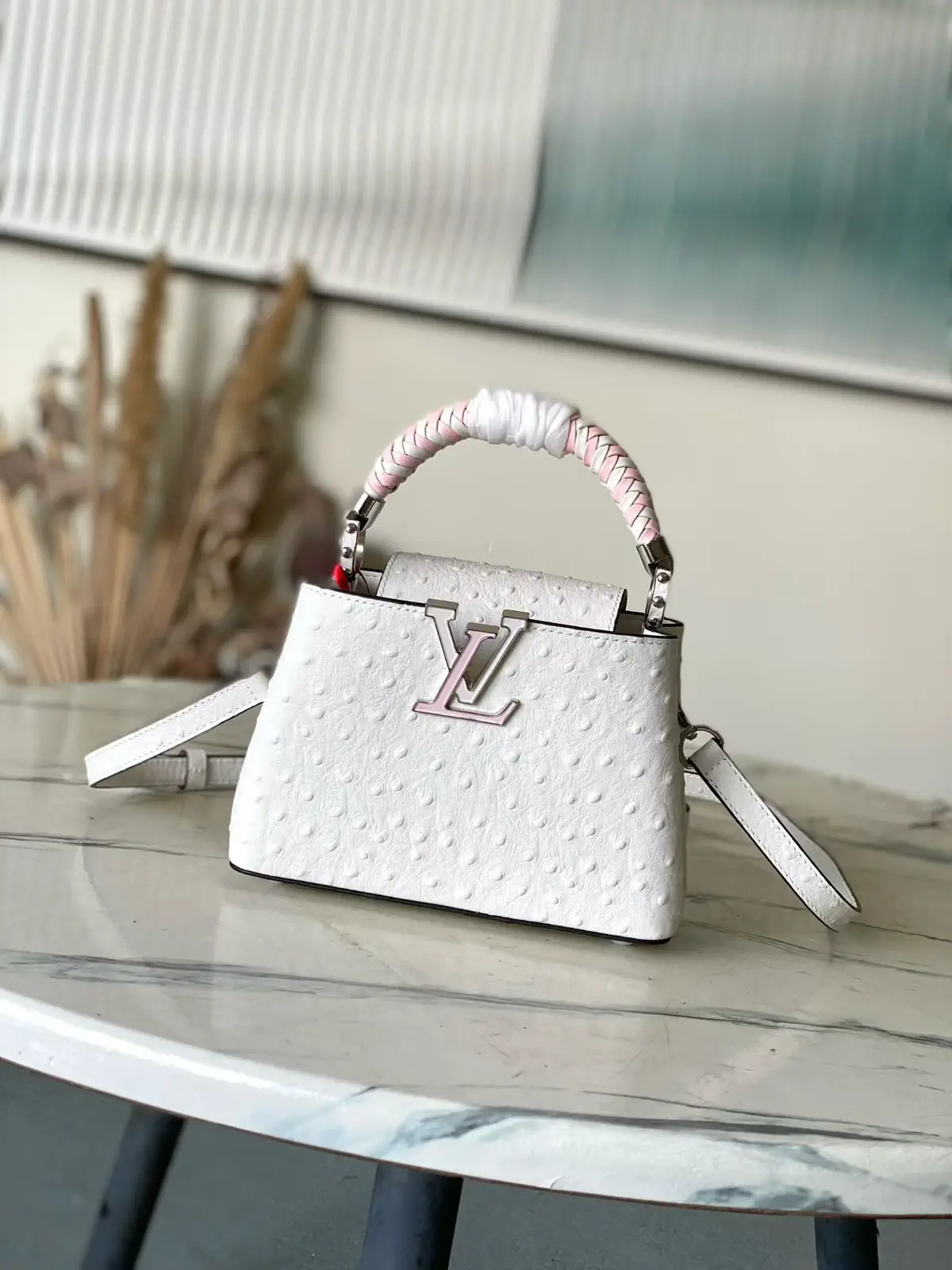 Louis Vuitton White Ostrich-Embossed Mini Capucines Top Handle Bag image 1