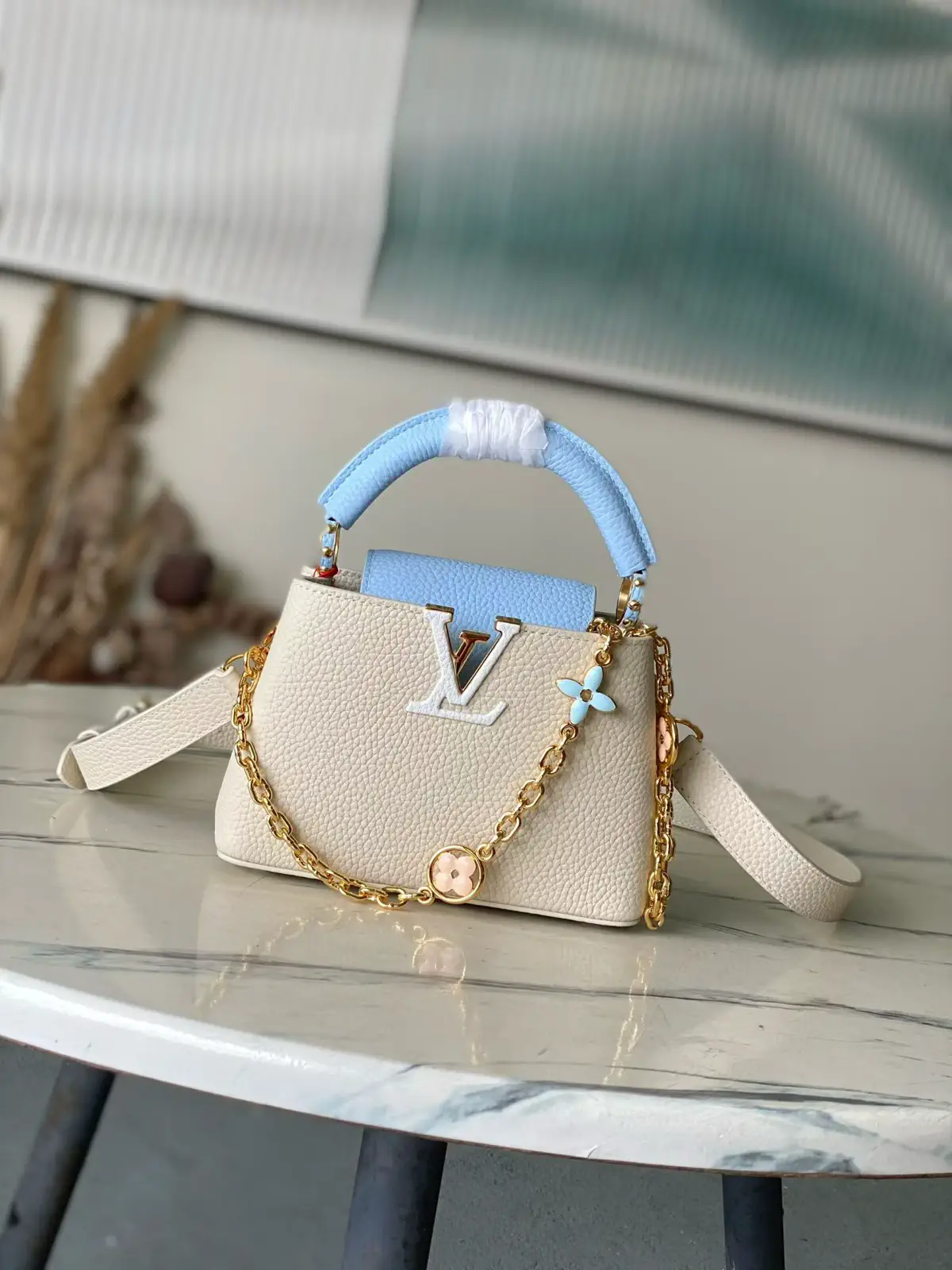 Louis Vuitton Capucines White and Light Blue Taurillon Leather Top Handle Bag image 1