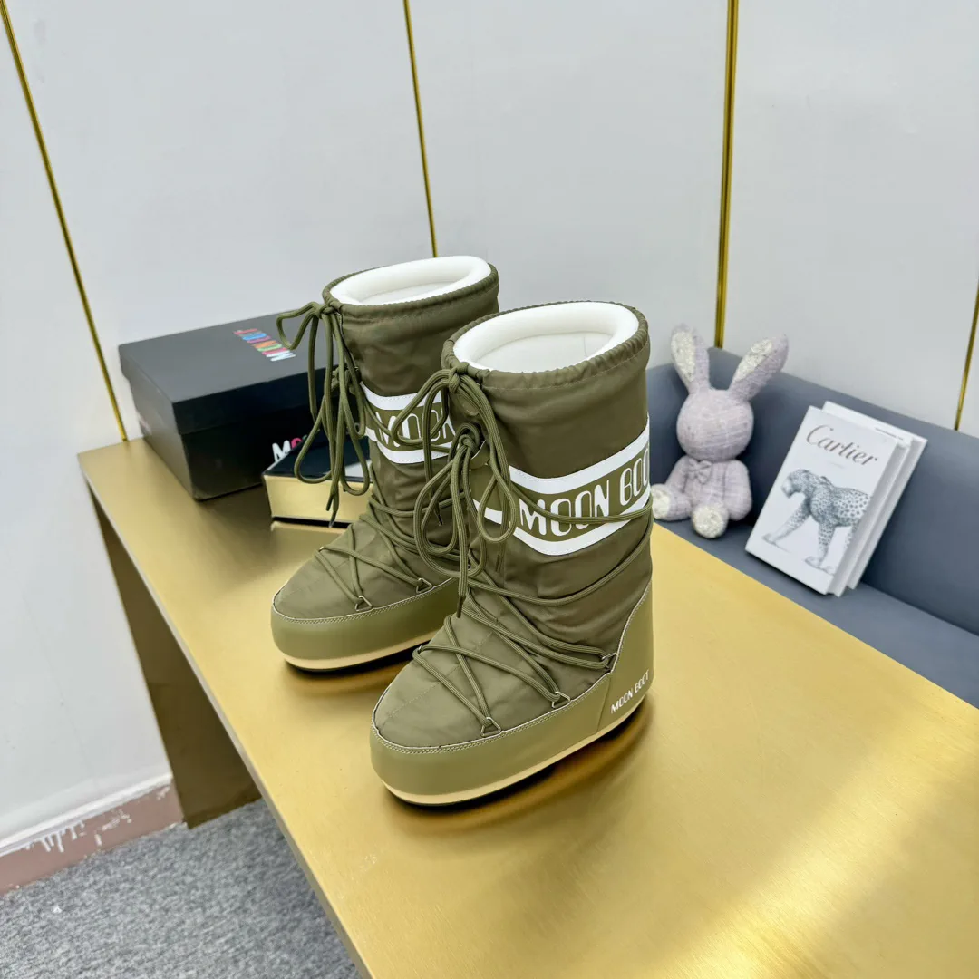 Olive Green Lace-Up Moon Snow Boots image 1