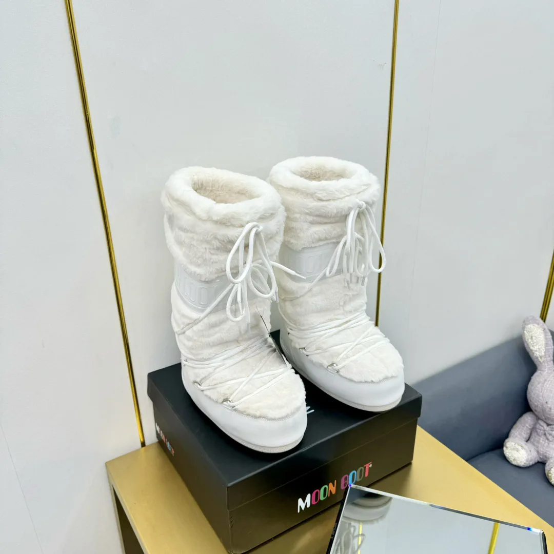 White Fuzzy Lace-Up Moon Snow Boots image 1