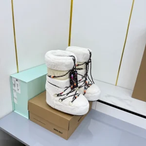 White Fuzzy Lace-Up Moon Snow Boots image 1
