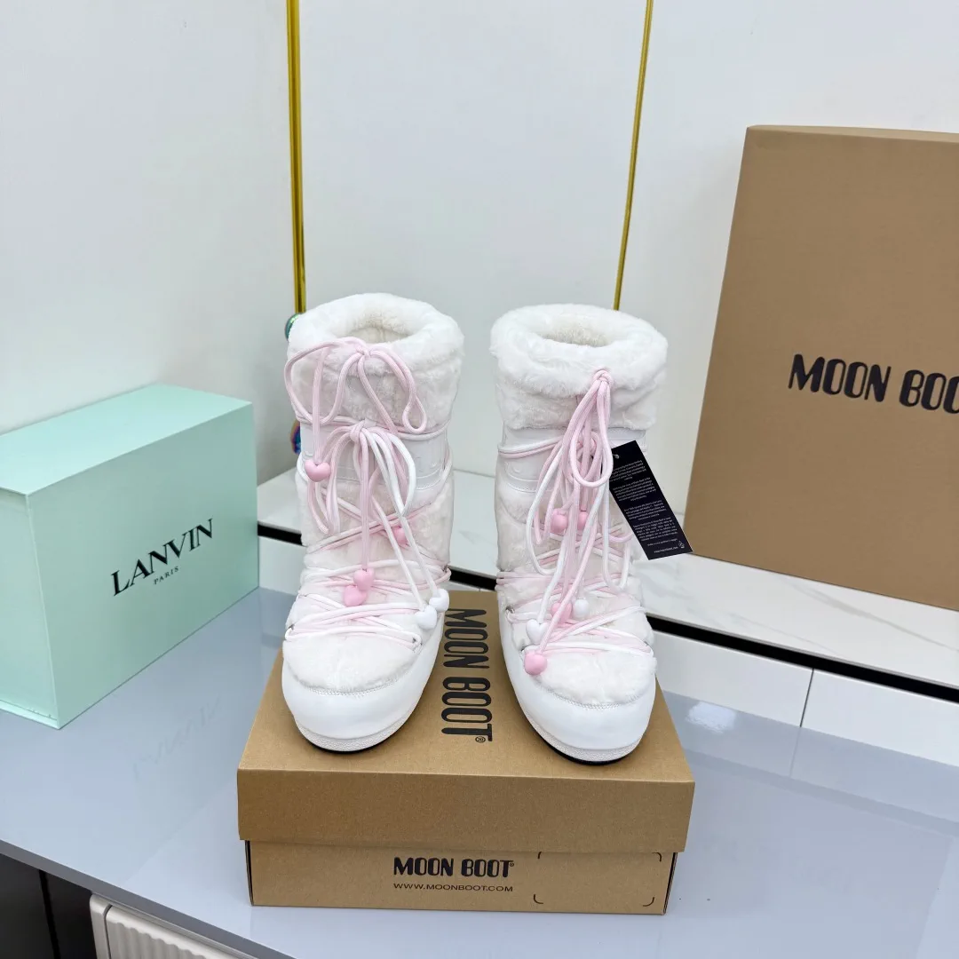 White Faux Fur Moon Boot Snow Boots with Pink Laces image 1
