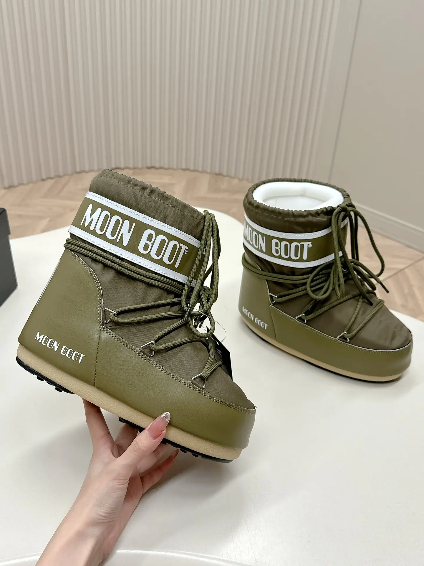 Olive Green Short Moon Snow Boots image 1
