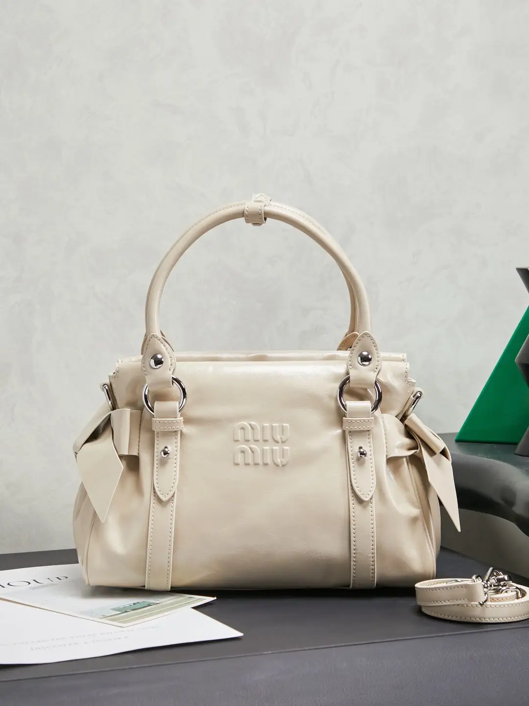 Miu Miu Beige Bow Detail Top Handle Bag image 1