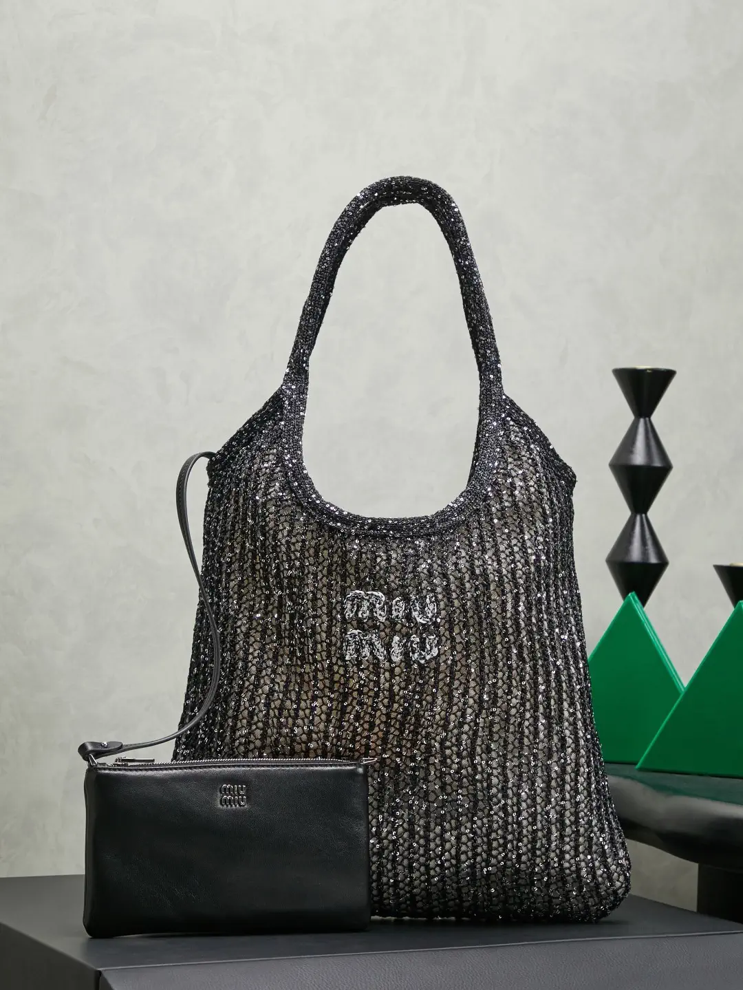 Miu Miu Sequin Mesh Tote Bag with Removable Leather Pouch image 1