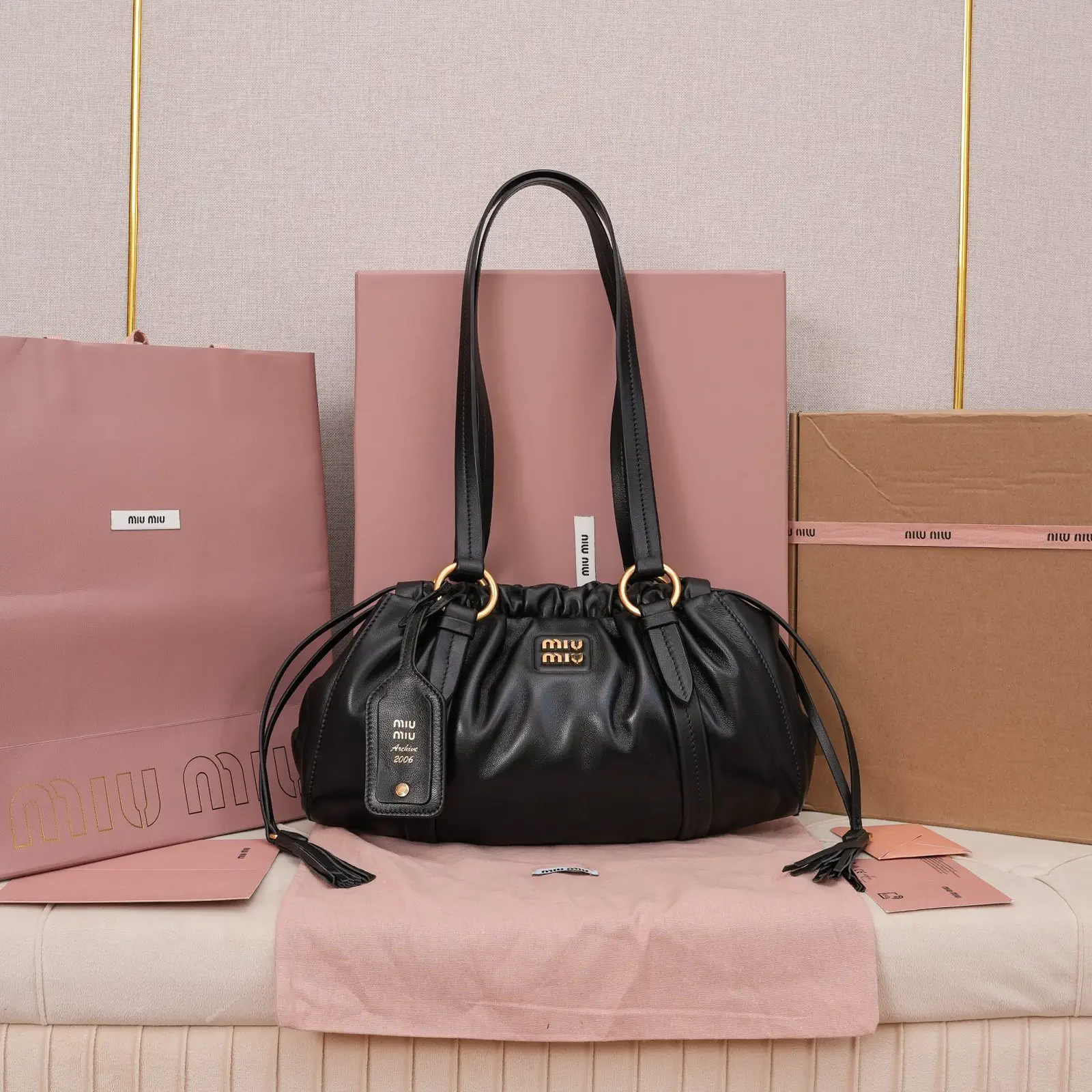 Miu Miu Black Ruched Drawstring Shoulder Bag image 1