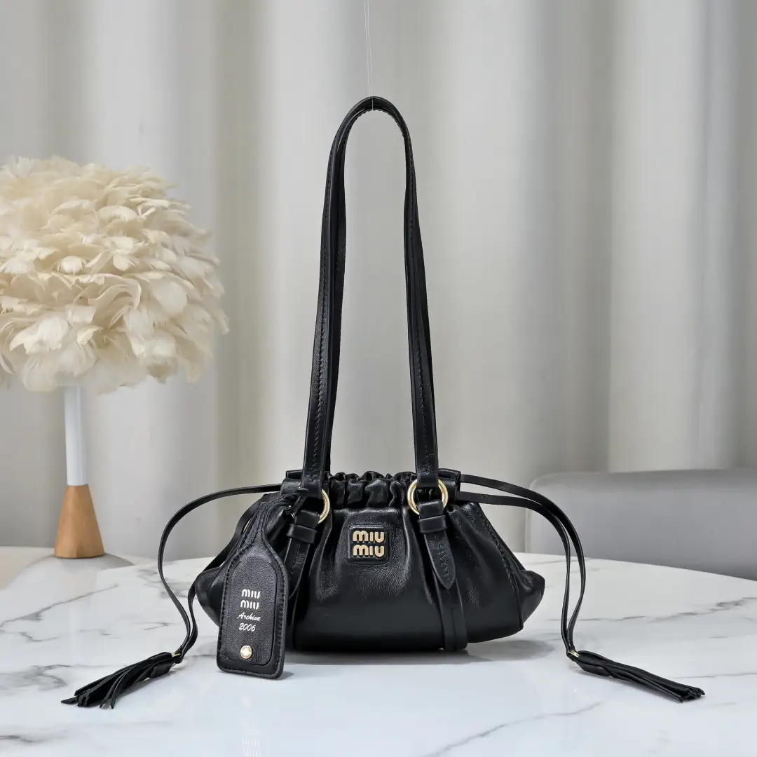 Miu Miu Black Ruched Drawstring Shoulder Bag image 1