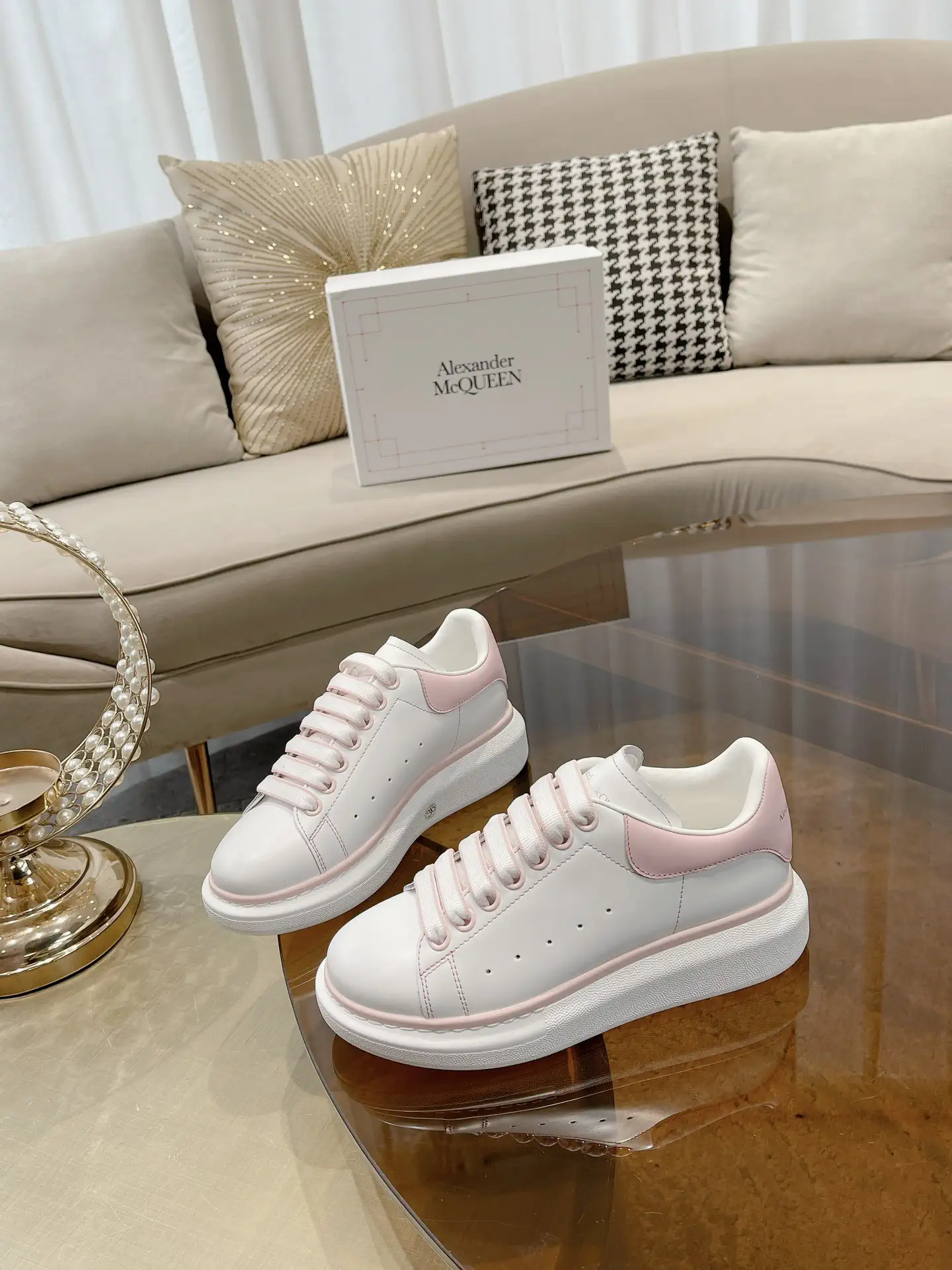 White Platform Sneakers with Pink Accents image 1