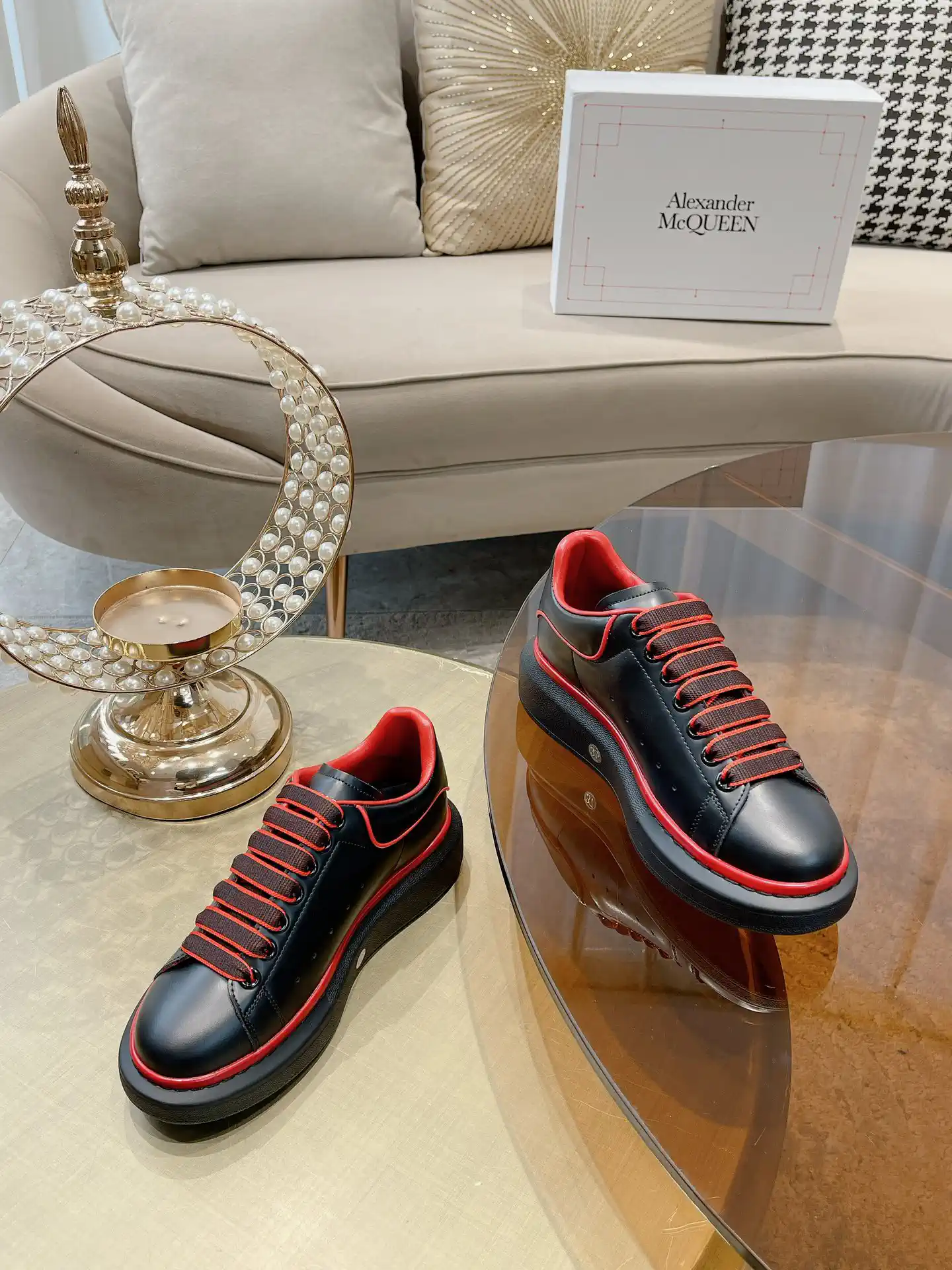 Men's Thick Sole Leather Sneakers with Red Trim image 1