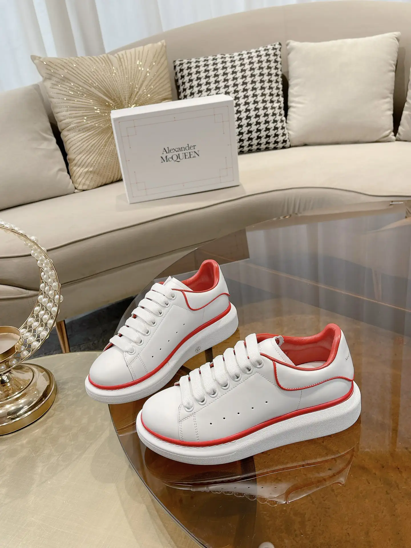 White Leather Sneakers with Red Trim image 1