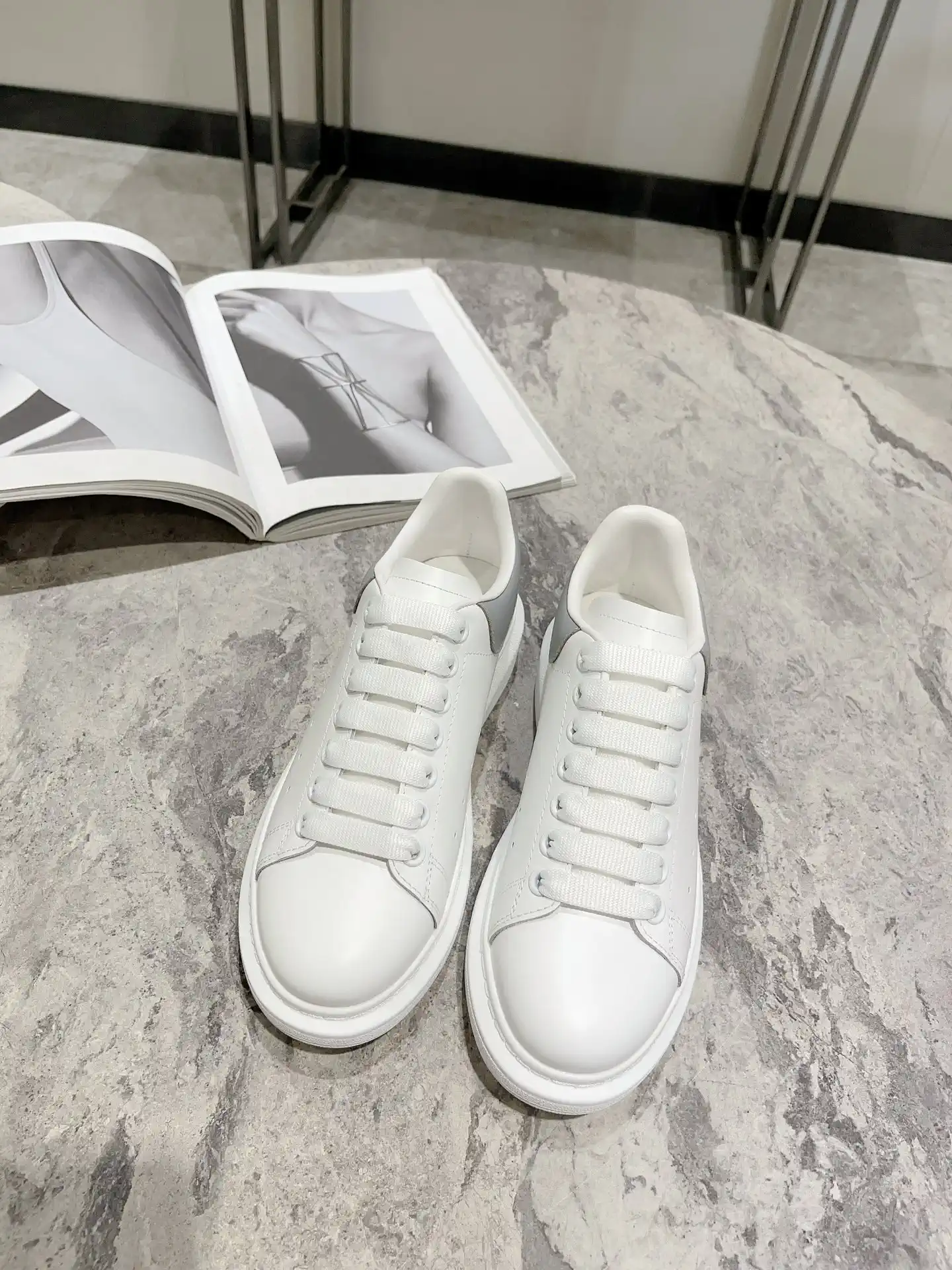 White Leather Sneakers with Gray Heel Tab image 1