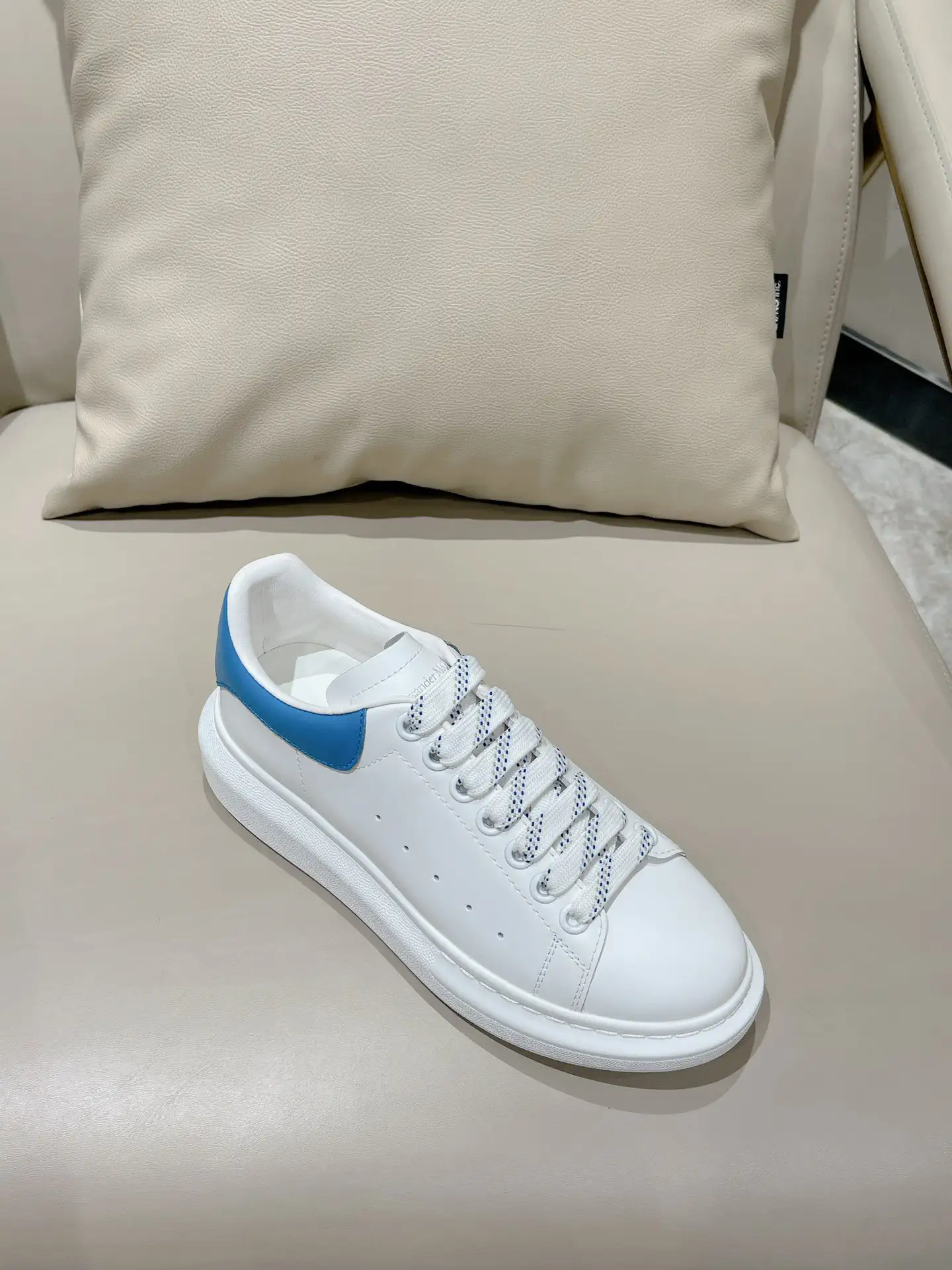 White Leather Sneakers with Blue Heel Tab image 1