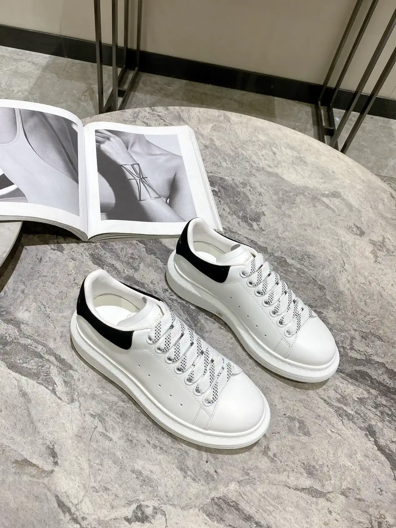 White Leather Low-Top Sneakers with Black Heel Tab image 1