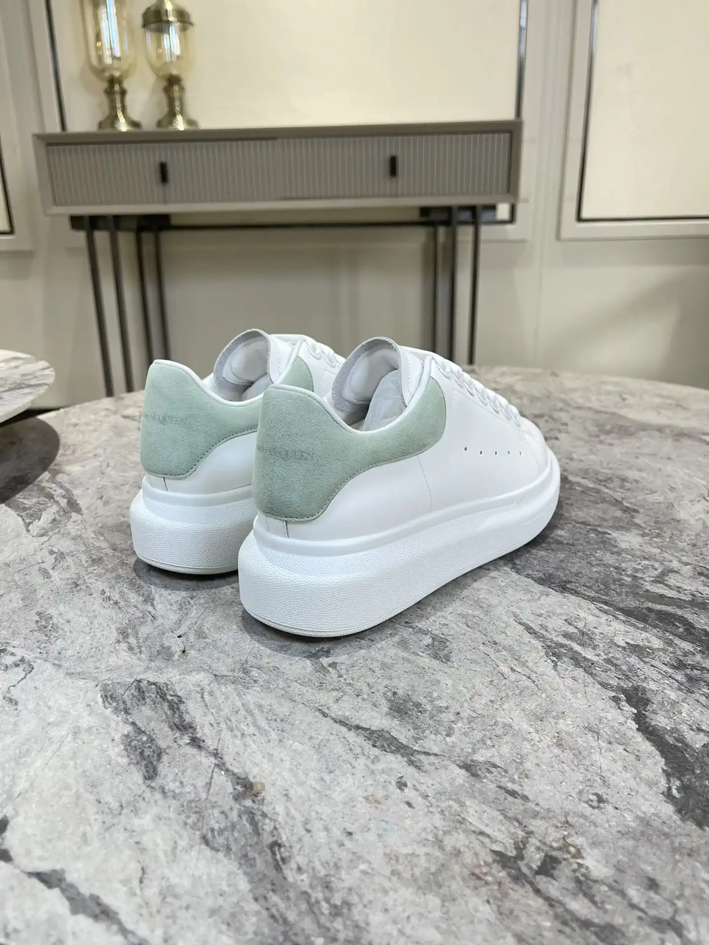 White Platform Casual Sneakers with Green Heel Tab image 1