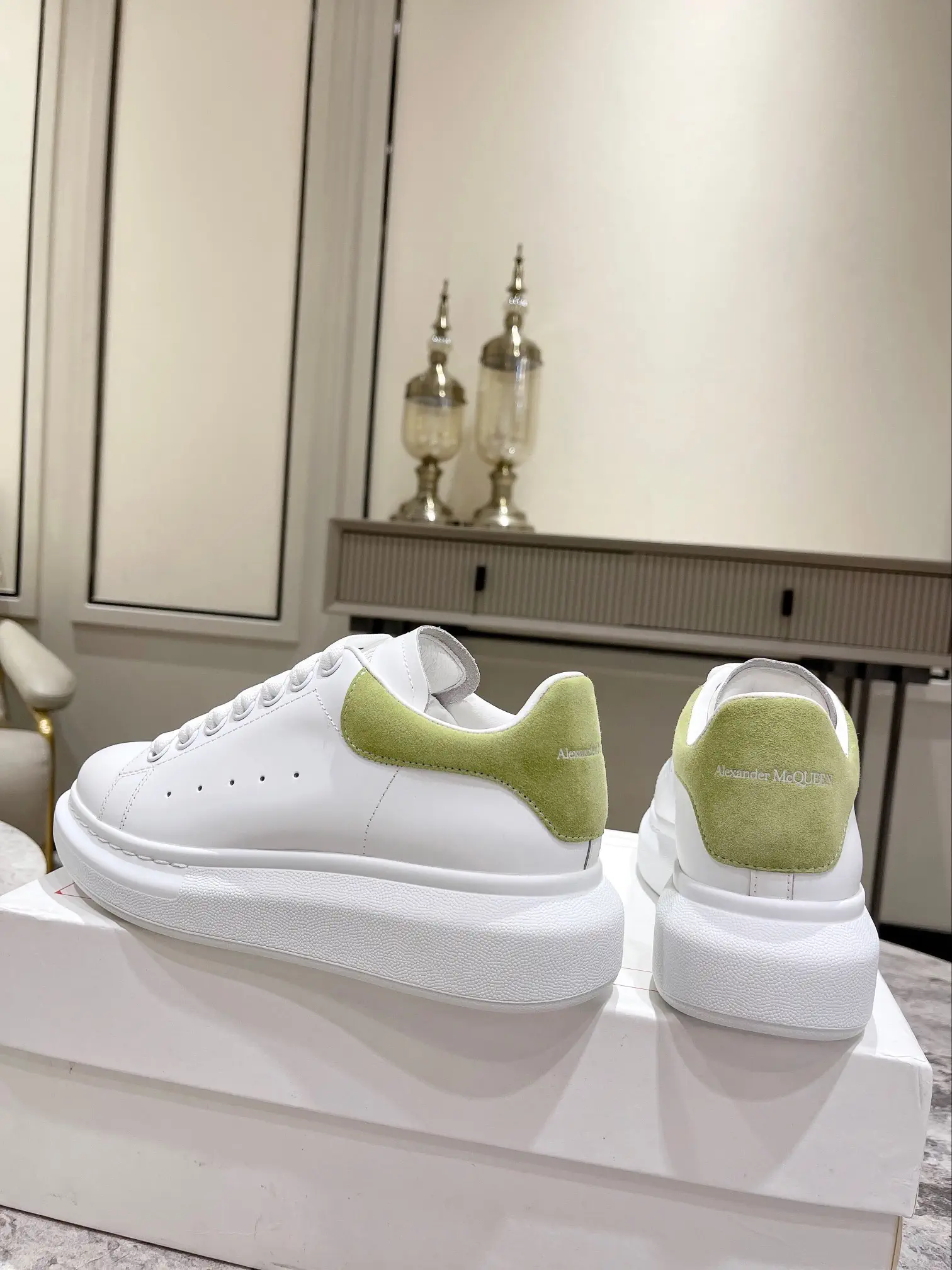 White Platform Sneakers with Green Heel Tab image 1