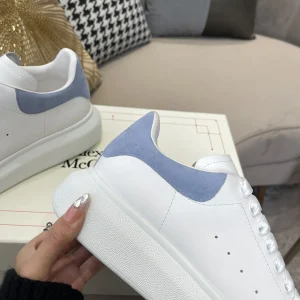 White Leather Casual Sneakers with Blue Heel Tab image 1
