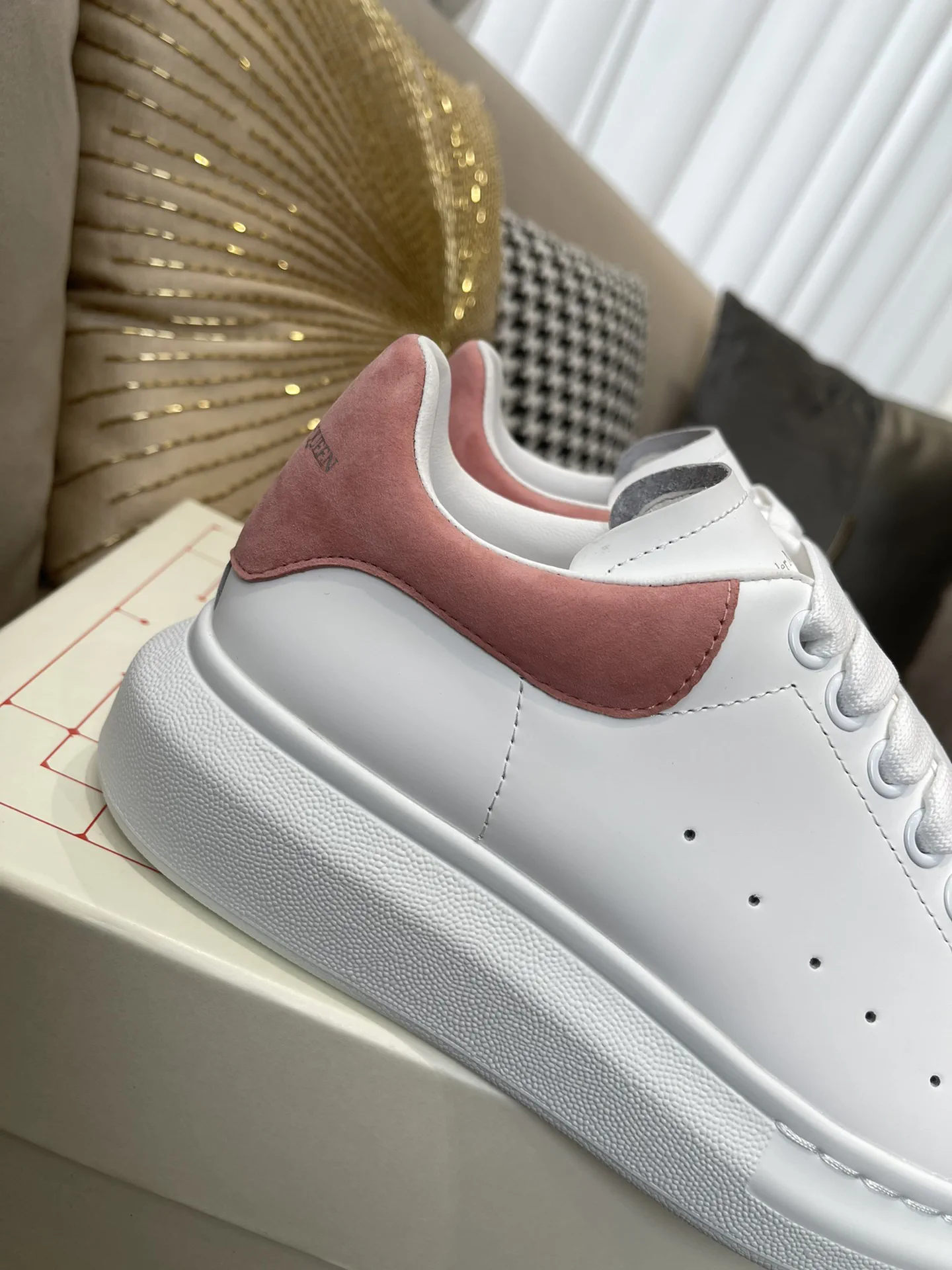 White Leather Casual Sneakers with Pink Heel Tab image 1