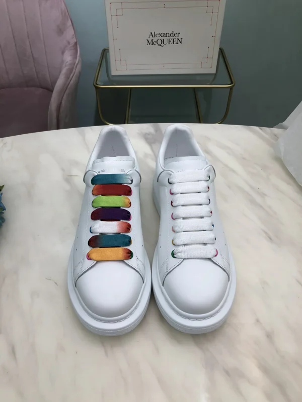 White Leather Casual Sneakers with Rainbow Laces image 1