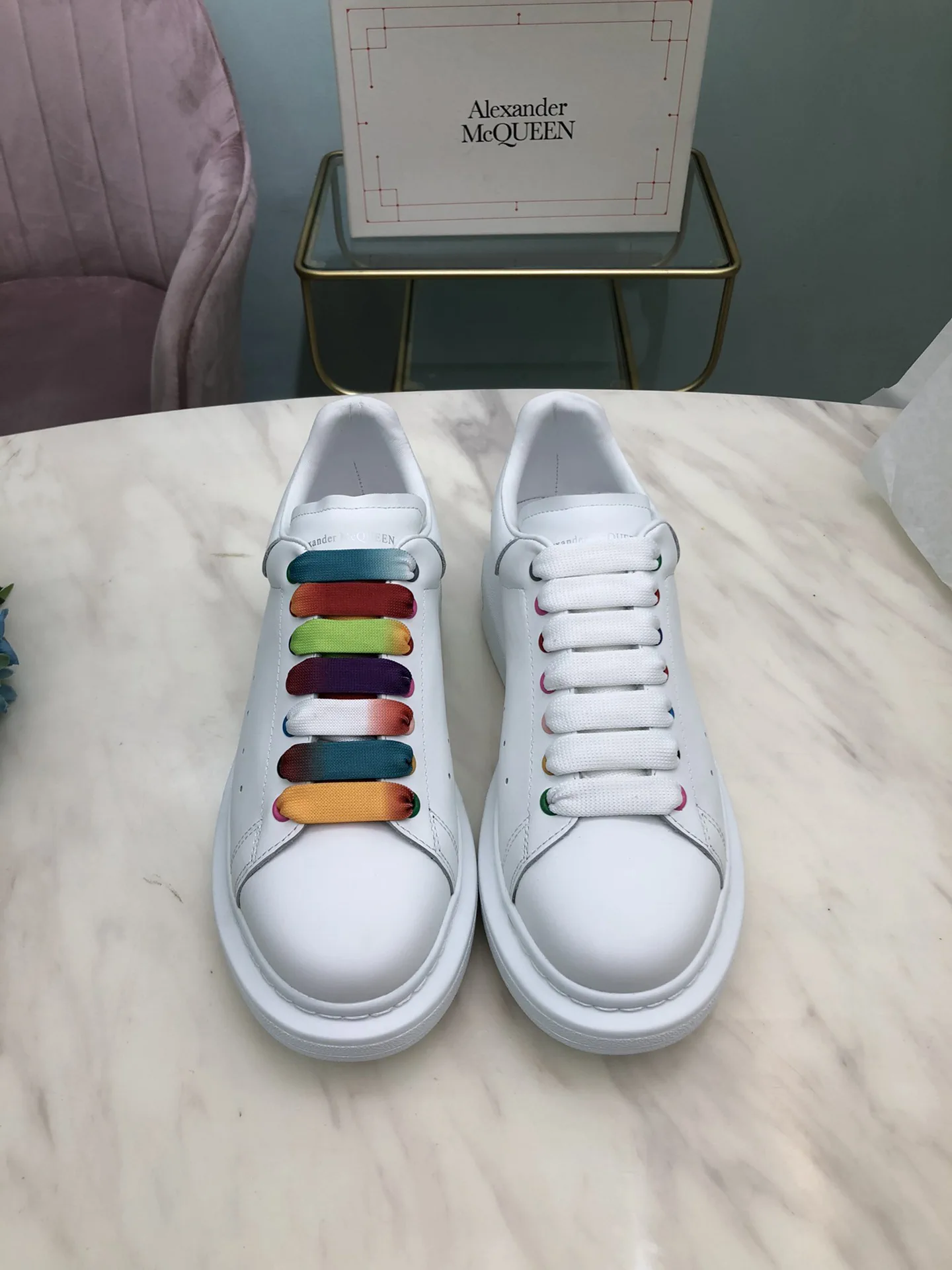 White Leather Casual Sneakers with Rainbow Laces image 1