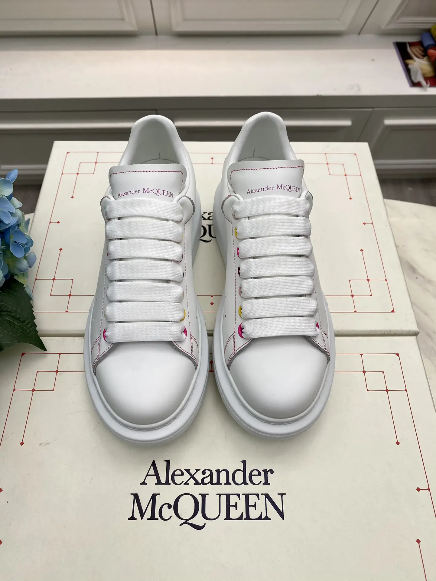 White Leather Sneakers with Rainbow Eyelets image 1