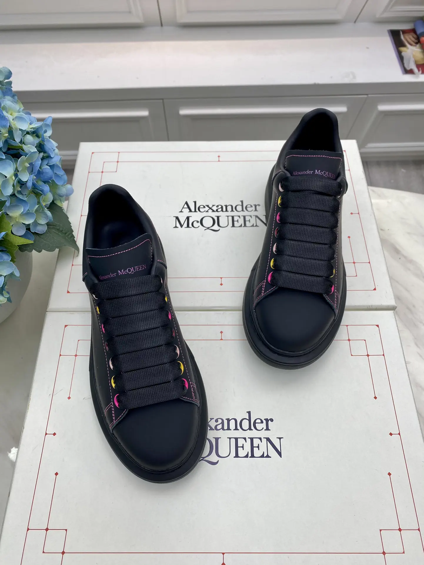 Black Leather Sneakers with Rainbow Eyelets image 1