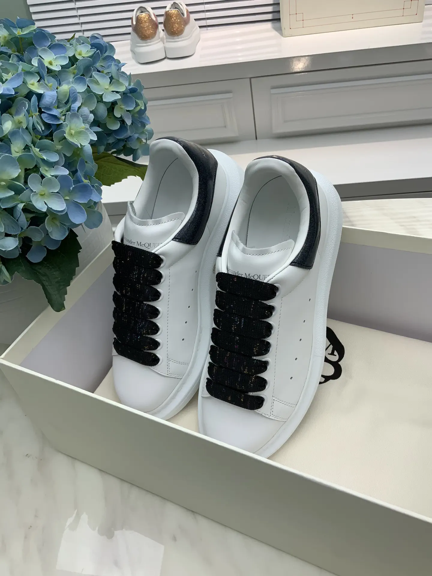 White Leather Platform Sneakers with Black Heel Tab image 1