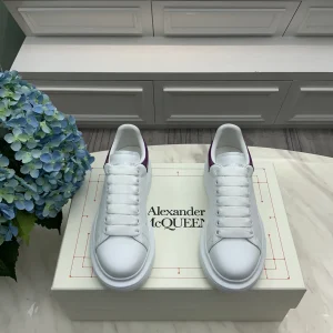 White Leather Casual Sneakers with Purple Heel Accent image 1