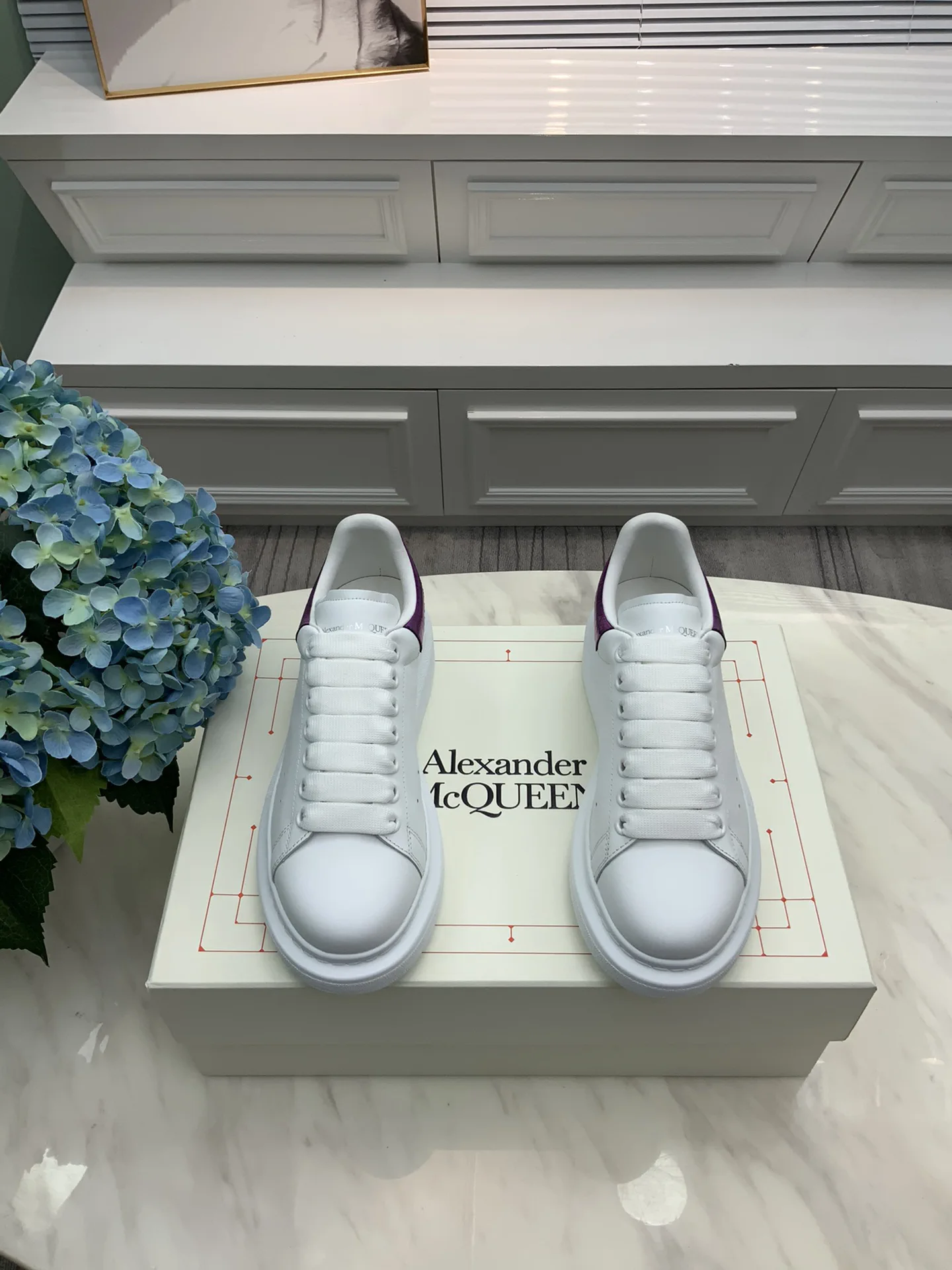 White Leather Casual Sneakers with Purple Heel Accent image 1