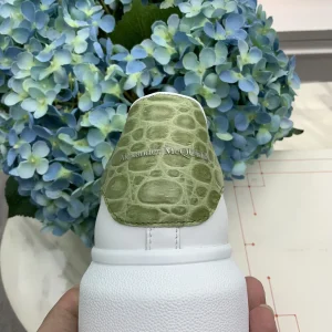 White Casual Sneakers with Green Croc-Embossed Heel Tab image 1