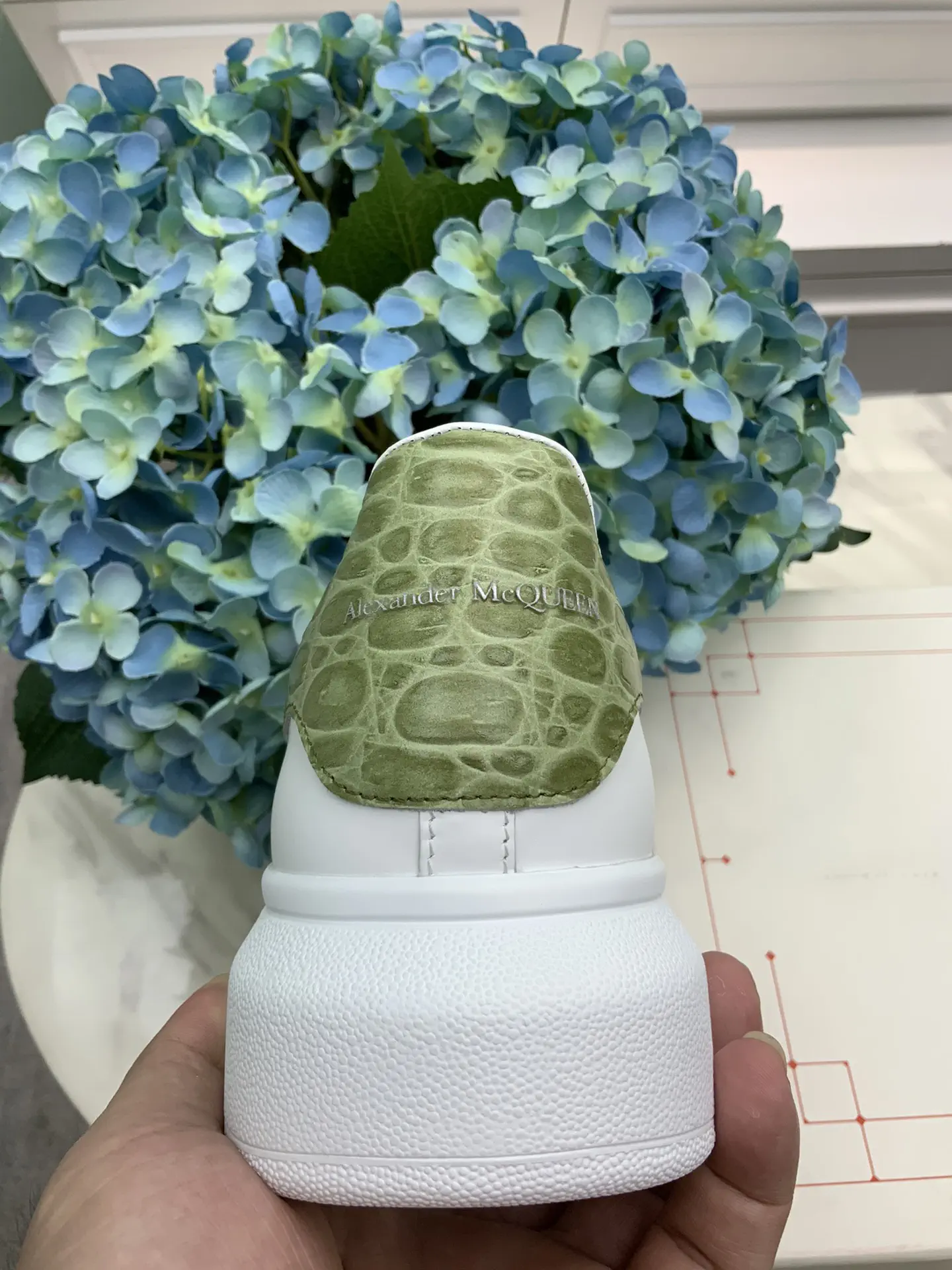 White Casual Sneakers with Green Croc-Embossed Heel Tab image 1