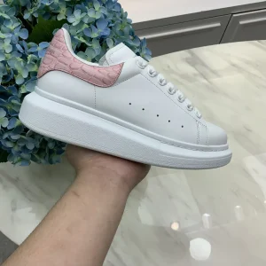 White Leather Platform Sneakers with Pink Heel Tab image 1